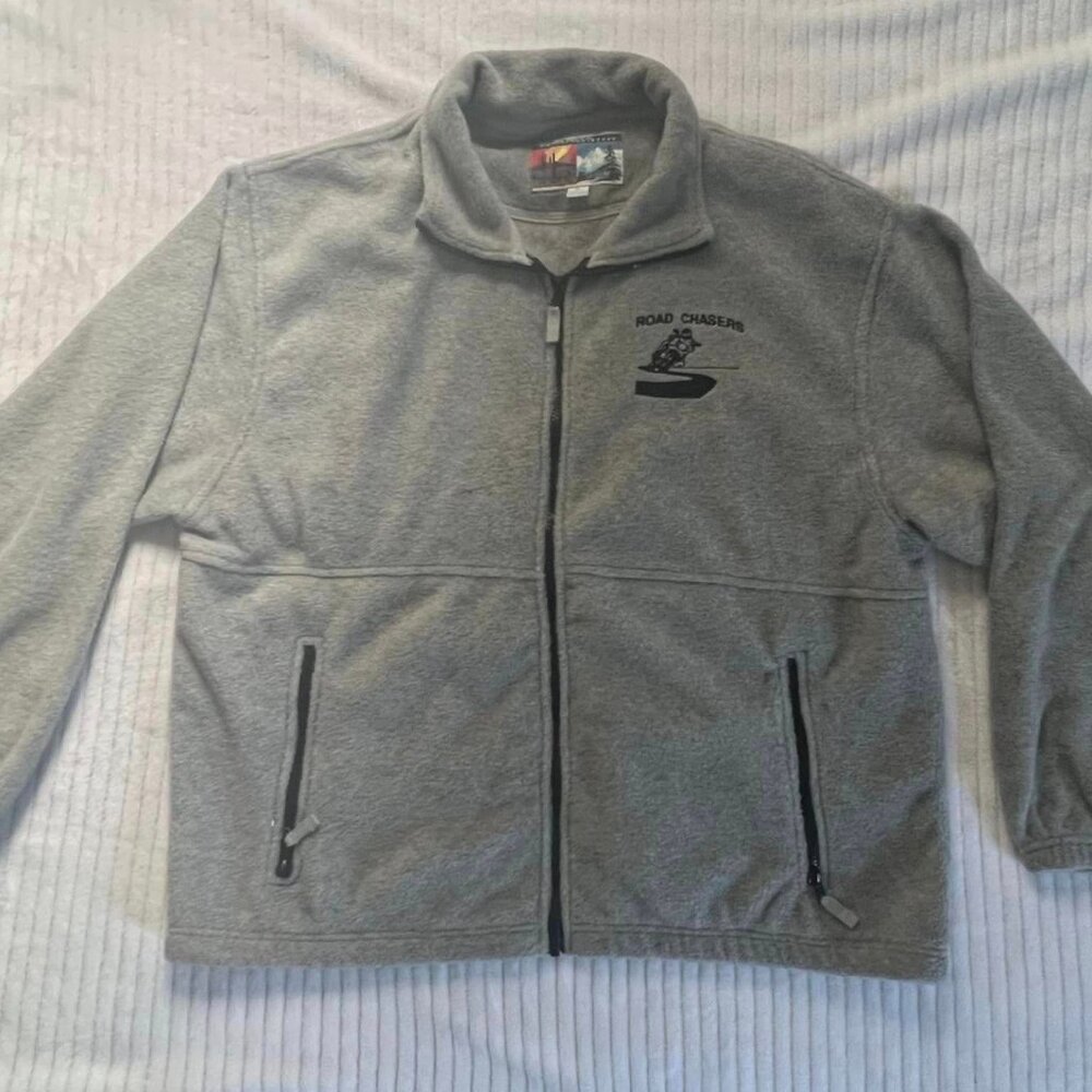 Size Large Light Gray Full Zip Fleece Jacket Road Chasers Motorcycle Logo